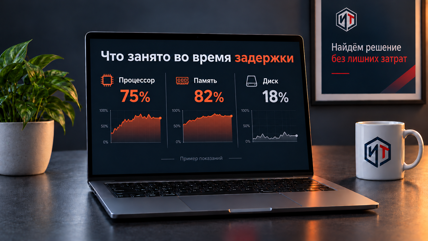 Ноутбук с иллюстрацией загрузки процессора, памяти и диска